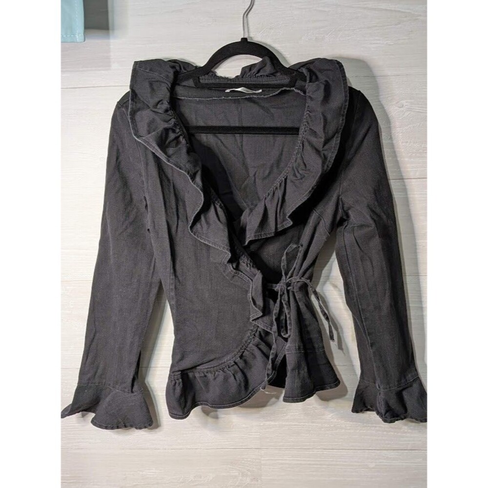 Nikkilo Womens Large Black Ruffle Wrap Top Whimsigoth Long Bell Sleeve Romantic